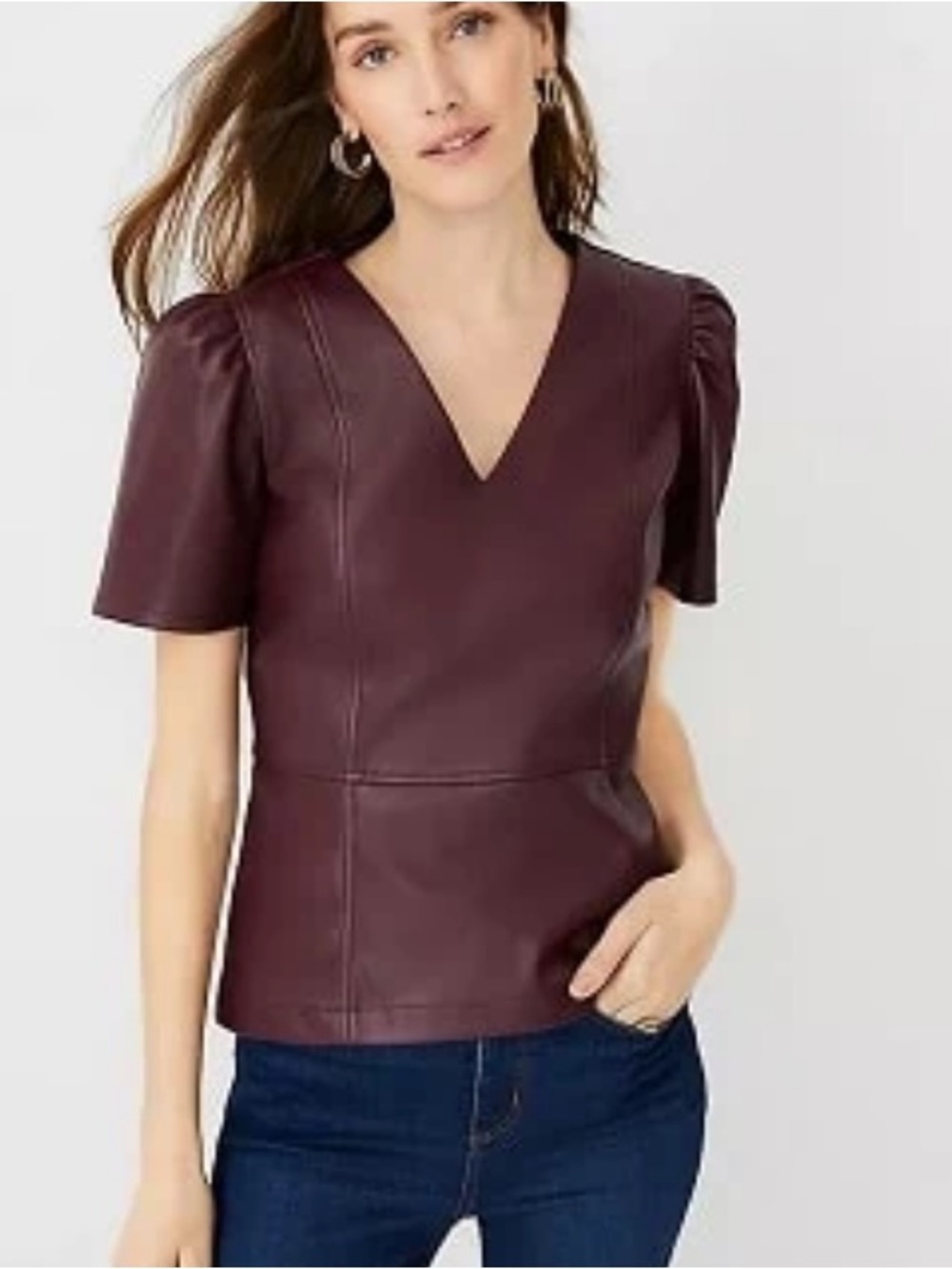 Ann Taylor Faux Leather washable Puff-Sleeve Peplum Top mauve rose